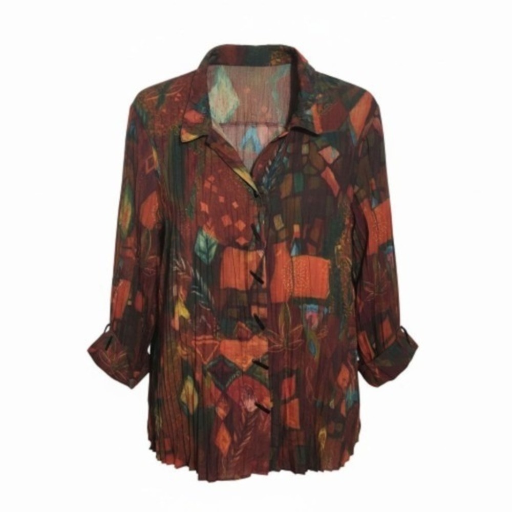 Ali Miles Women's 3X Abstract Print Pleated Long Sleeve Button Down Shirt NEW
